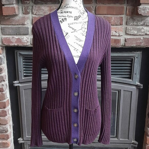Tory Burch Cardigan Ribbed Burgundy with Purple Trim - Picture 1 of 6